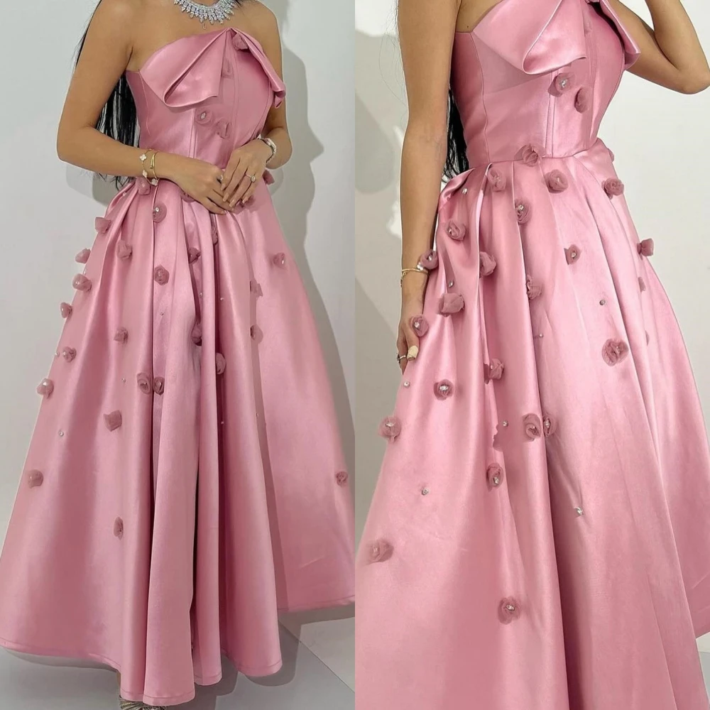 prom dress saudi arabia satin applique draped pleat clubbing a line strapless bespoke occasion gown long sleeve dresses Prom Dress Saudi Arabia Satin Flower Draped Party A-line Strapless Bespoke Occasion Gown Long Sleeve Dresses