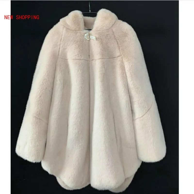 Fashion Casuak Thick Waem Mink Fur Coat Long Sleeve Overcoats Winter New Haining Mid-length Hooded Long-sleeved Mink Coat Female