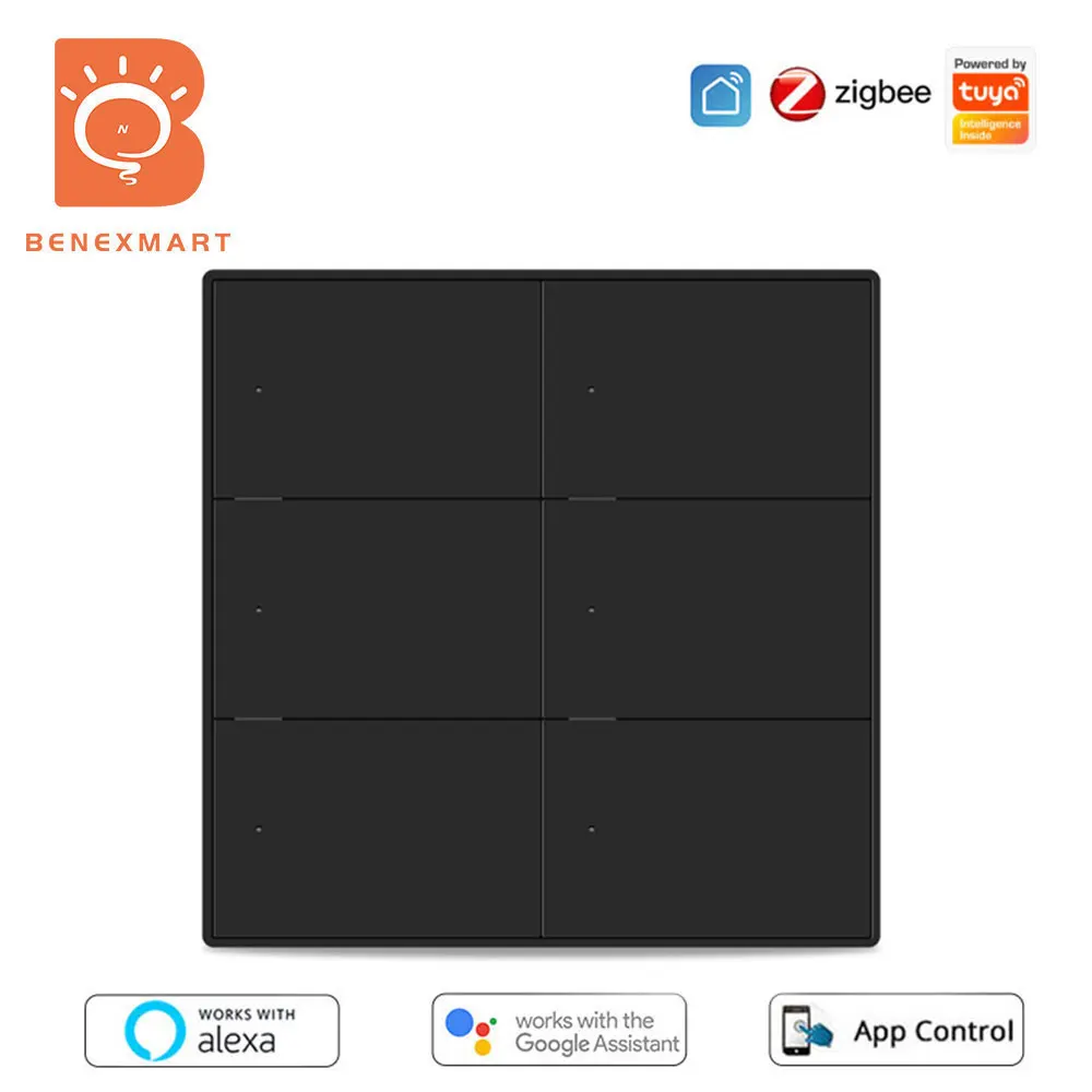 

Настенный выключатель Benexmart Zigbee, 6 групп, черный, горизонтальный, 4x4, с нейтральным Alexa Google Home, приложение Tuya SmartThings