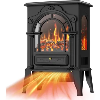 Electric Fireplace Stove-Freestanding Fireplace Heater w/ 3D Flame,Thermostat Control,1500W/1000W Quiet Heating,Portable