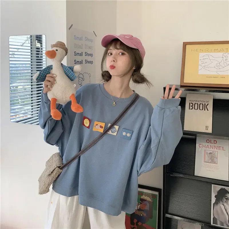 Simple Women Tops Cartoon Printed Loose Casual Thin Sweatshirts Spring Autumn Bottom Clothing Chic O-Neck Pullovers Streetwear