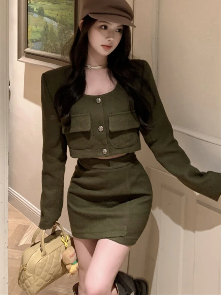 

2023 Tweed Women Two-piece Set Green Vintage Office Lady Single Breasted Short Jacket Female Casual Slim High Waist Skirt Suit