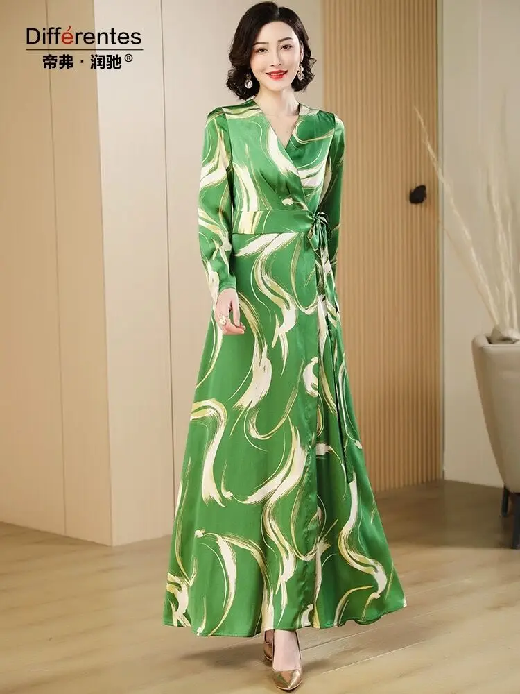 

V-neck Green Printed Foral Vacation Long Dress Long Sleeve Women Runway Robe Evening Party Photography Dress fot Holidays