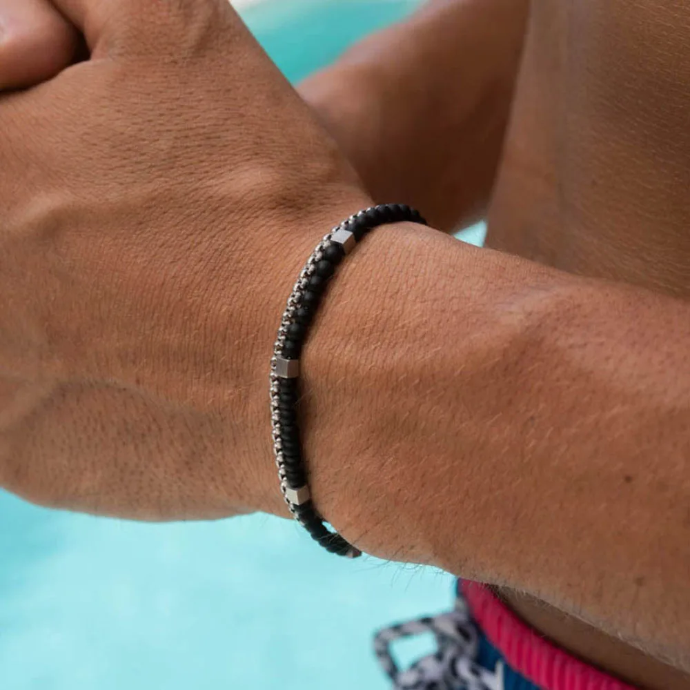 Stainless Steel Cuban Chain Bracelet Set for Men with Onyx Beads