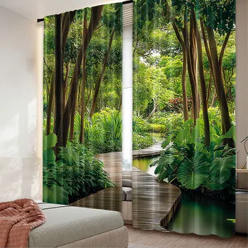Tenda della giungla da 2 pezzi Foresta profonda con molo in legno e fiume rinfrescante natura esotica selvaggia per camera da letto, soggiorno e sala da pranzo 1