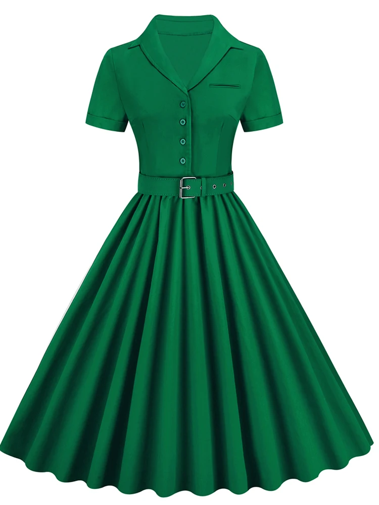 Vintage Big Swing Casual Green Dress Short Sleeve Turn Down Collar Summer  Style Elegant Office A Line 60s 50s Rockabilly Dresses - AliExpress  200000345