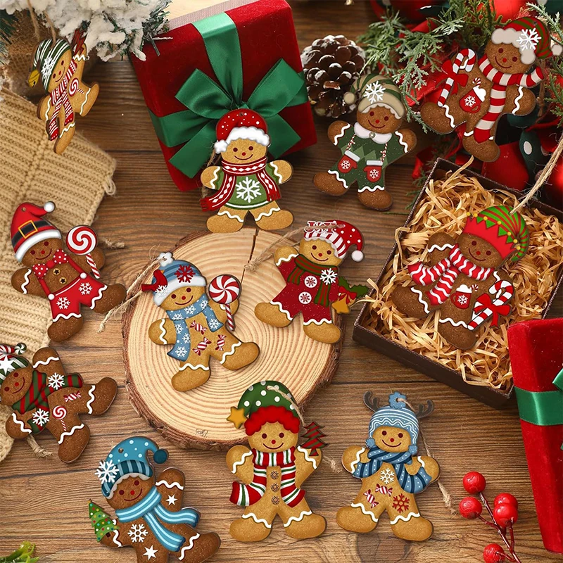 12pcs Christmas Wooden Gingerbread Man Pendants – Xmas Tree Ornaments