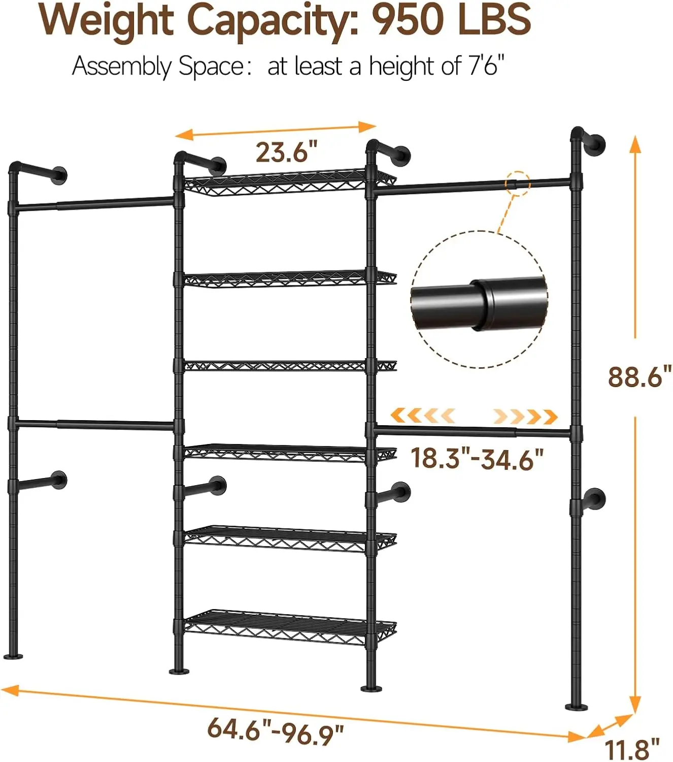H3 Wall Mounted Closet System, Expandable Industrial Pipe Clothes Rack Clothing Rack for Hanging Clothes, Heavy Duty Closet