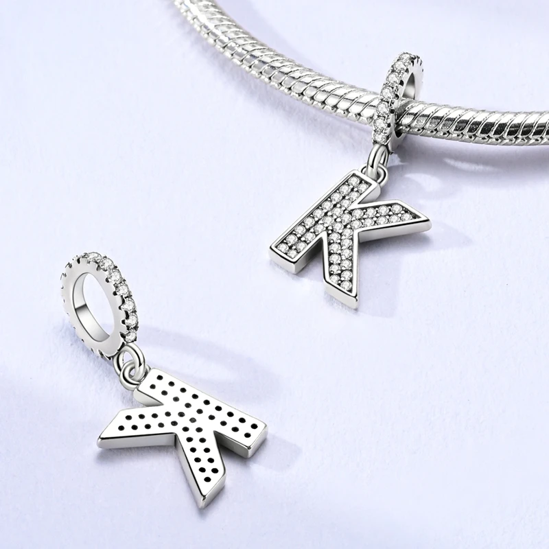 Charm-Anhänger aus 925er-Sterlingsilber, 26 Buchstaben, A-Z, Alphabet, eingelegter Zirkon, Buchstabenperle, passend für Armbänder, feiner DIY-Geburtstagsschmuck, Geschenk – Detail 12