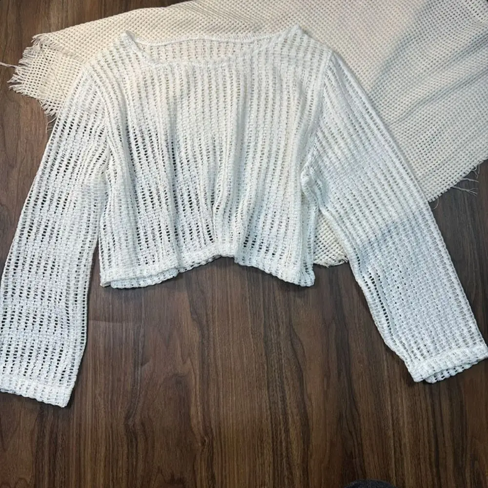 Lockerer, langärmliger Badeanzug, Pullover, Strandmode, Häkelstrick-Badeanzug, ausgehöhlter Sonnenschutz, dreiteiliges Set, Badebekleidung – Detail 8