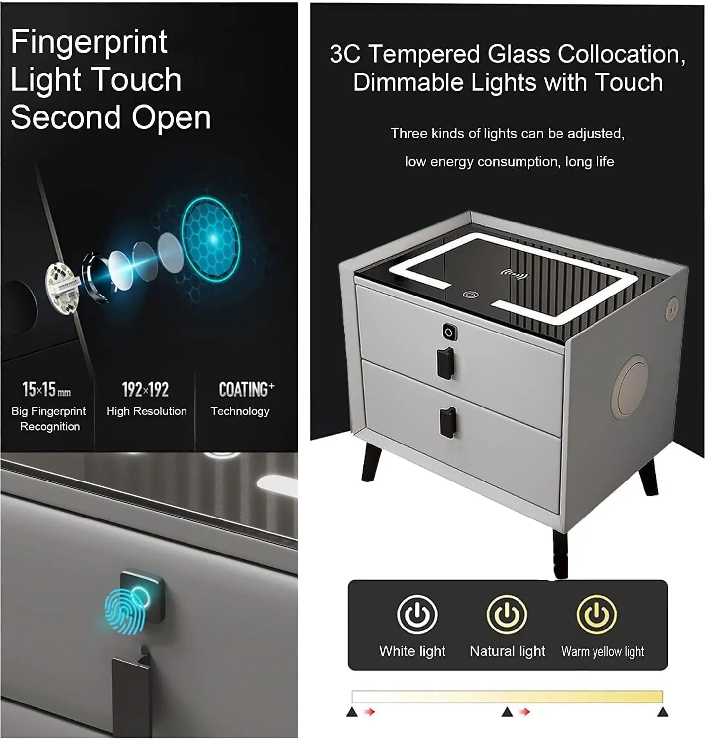 طاولة سرير ذكية خشبية، طاولة جانبية مع درج بقفل بص...