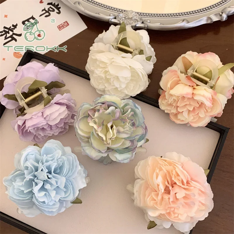 용수철 여름 모란 컬러 꽃 헤어 클립, 인조 원단 꽃 그랩 클립, 소녀 한국 달콤한 천 꽃 머리핀 머리 장식