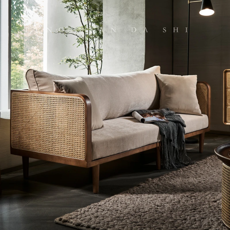 

Rattan Woven Nordic Solid Wood Rattan Sofa Combination B & B Leisure Quiet Style Living Room Three-Seat