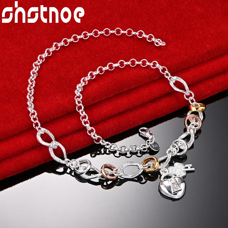 

SHSTONE 925 Sterling Silver Necklace For Woman Geometry Heart Lock Key Chain Lady Party Birthday Gift Wedding Fashion Jewelry