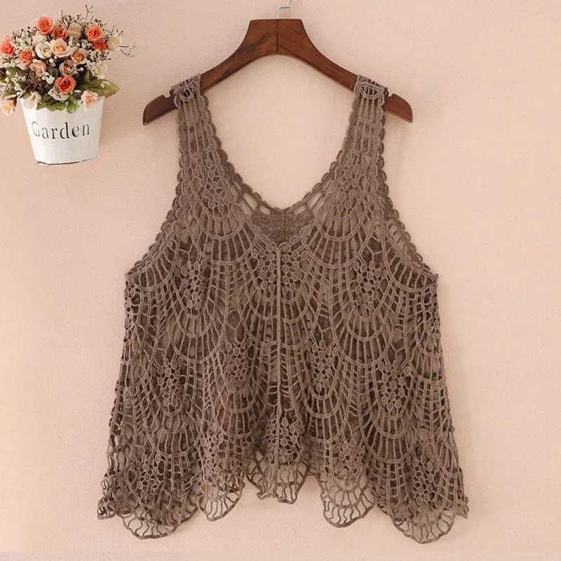 

Women Vintage Crochet Cropped Tank Top Female Hollow Out Knitted Pattern Camisole Summer Sleeveless Cover Up Vest Cardigan G35