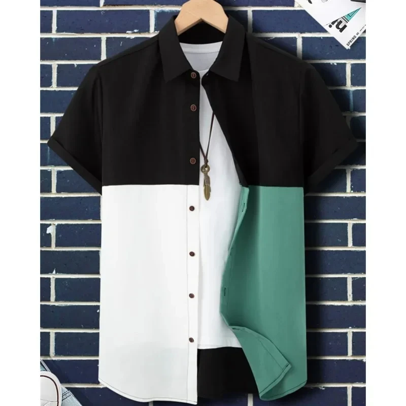 thumbnail image 1 of Camisa con estampado 3D de empalme de contraste de color de moda nueva de verano 2024 para hombre, versátil, informal, holgada, versátil, con cuello abatible y botones, 1 of 5