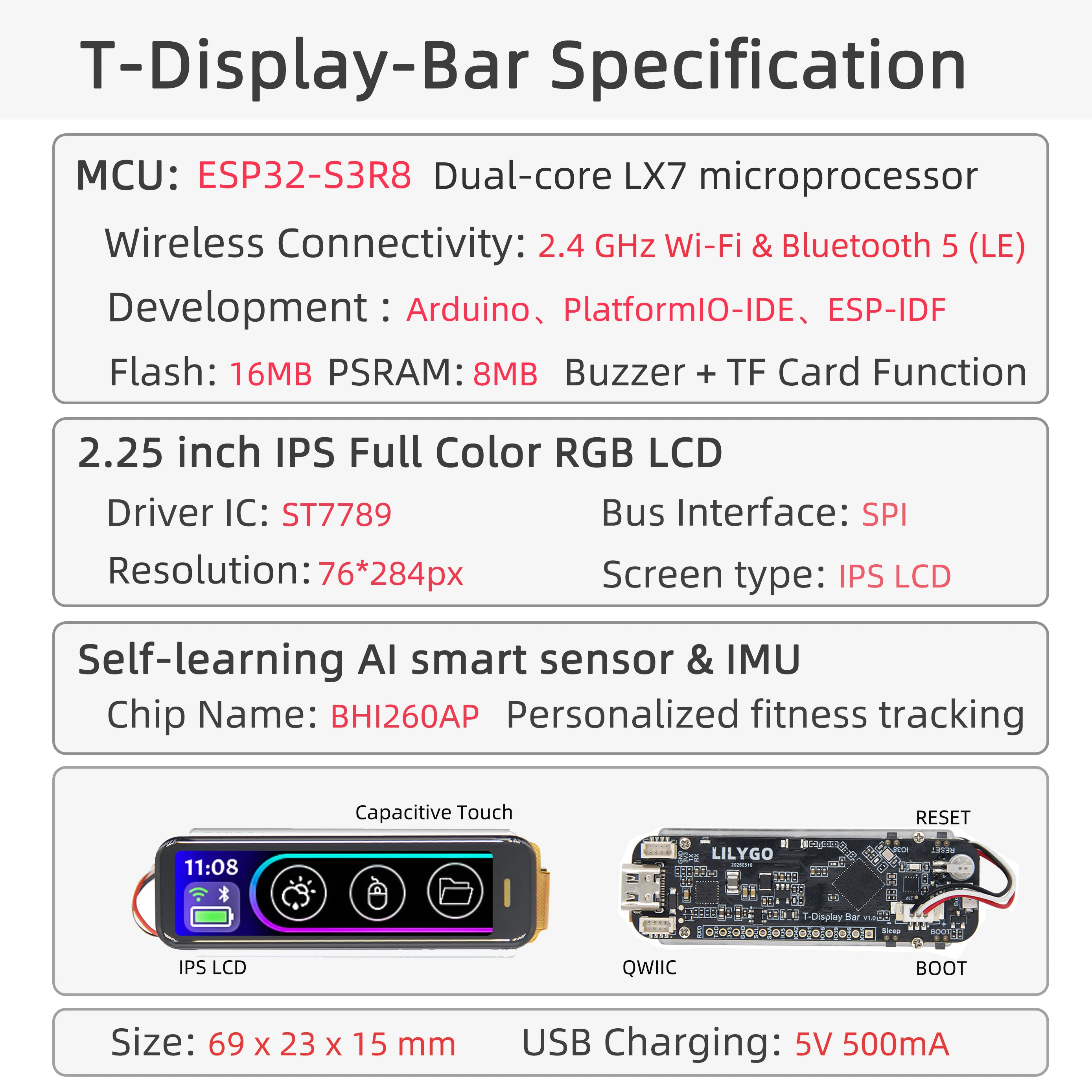 ® T-Display-Bar ESP32-S3 Development Board 2.25-inch RGB LCD Display BHl260AP Se