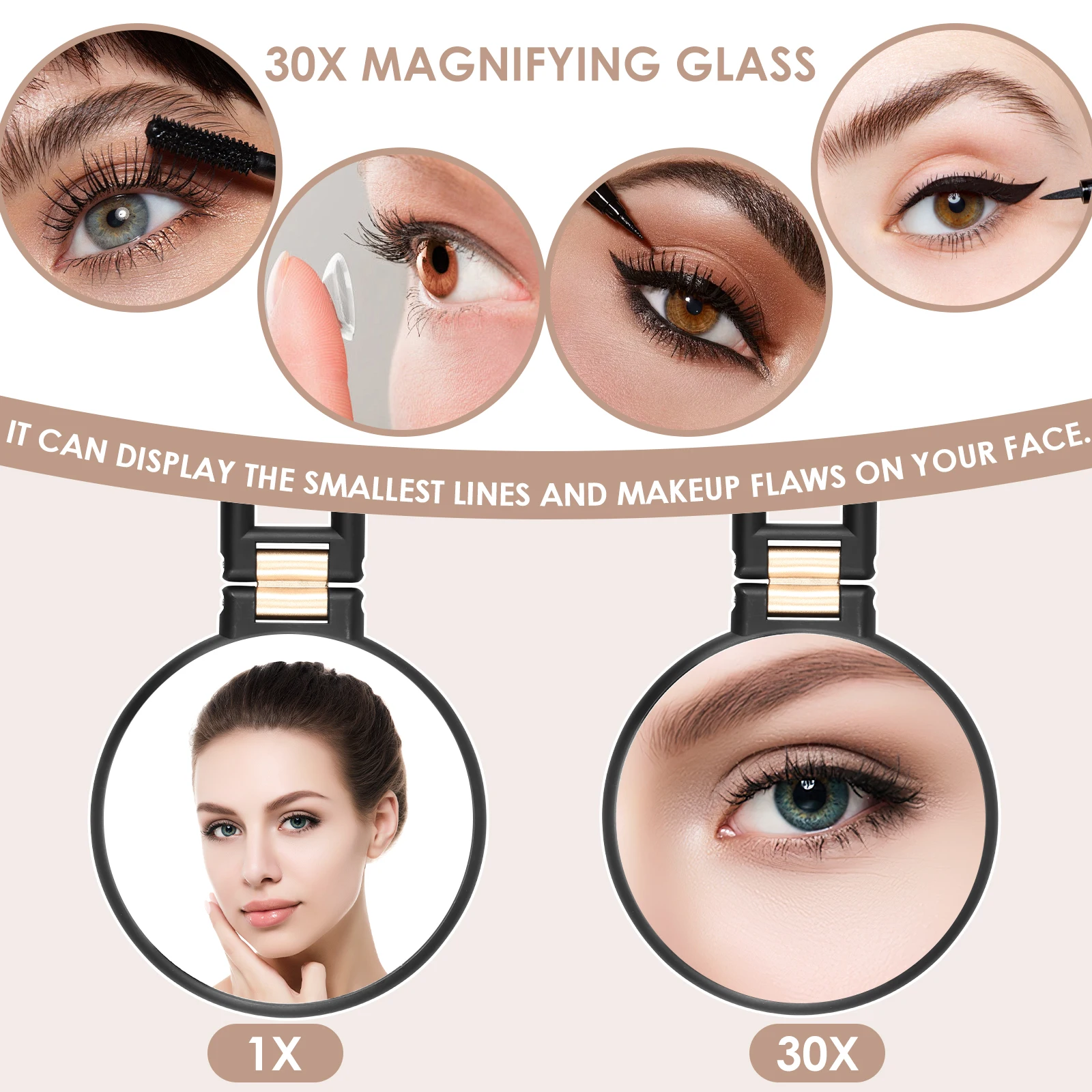 30X/1X Hand Mirror Folding Handle Double Sided Magnifying Mirror Magnification Portable Makeup Mirror Multifunctional