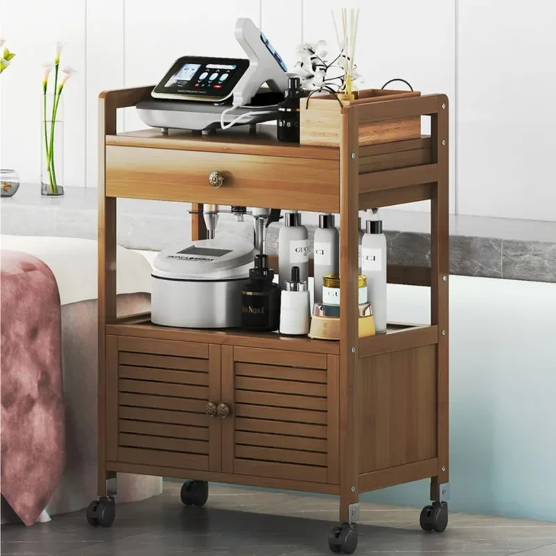 Bamboo Beauty Salon Cart, Nail Shop Tool Storage Trolley, Bathroom Organizer for Home Salon Equipment, Stylish Trolley