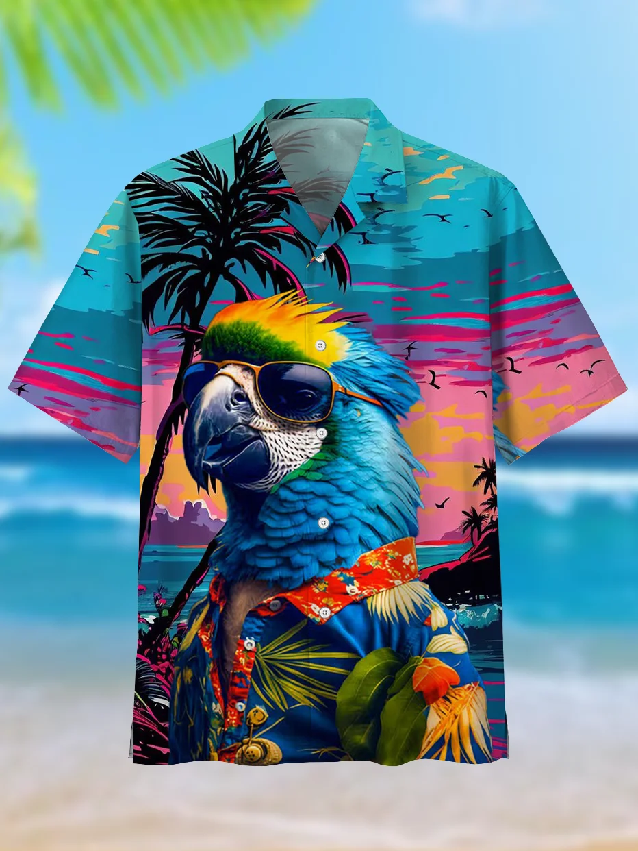 Attractive Parrot Men's Guitar Hawaiian shirts 3D Print Men's Summer Loose Beach Oversize Short-sleeved Top Men's Shirts For boy 3