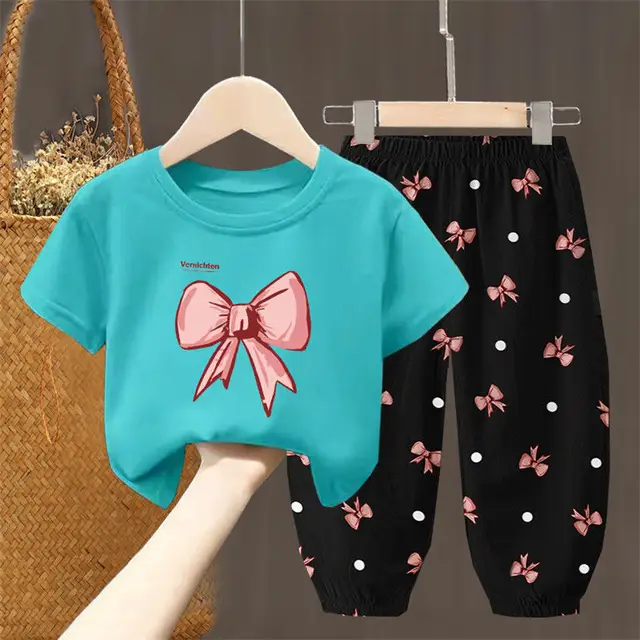 Conjuntos de verano, ropa para niños, ropa para niñas y niños pequeños, camiseta bonita a la moda, pantalones superiores, 2 uds., ropa para niñas - Imagen 2