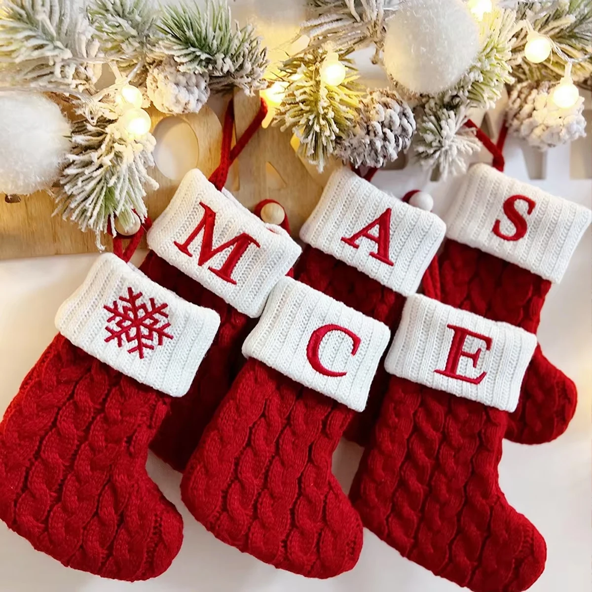 Xmas Decor Christmas Socks Knitting Snowflake Letter Stocking Christmas Tree Decoration Home 2025 New Year Ornament Gift
