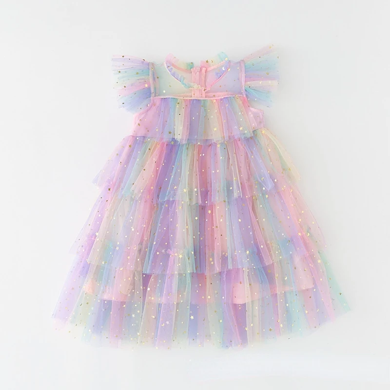 Girls Dress Tulle Fairy Princess Dresses Fly Sleeve Rainbow Star Sequined Cake Dress Children Birthday Party