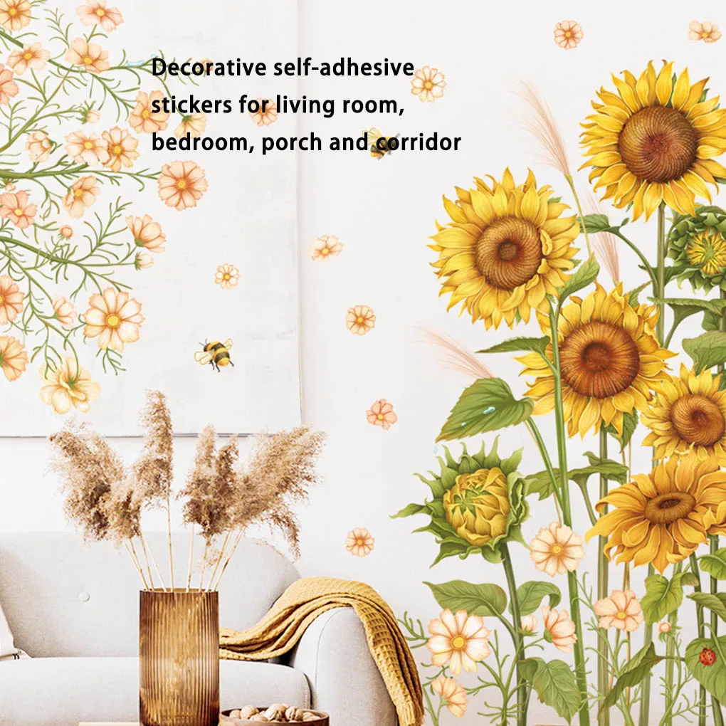 Sunflowers Wall Stickers Green Leaves Botanical Wallpaper Decals Art