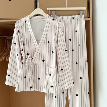 Women's Stripe Star Print Pajama Set Long Sleeve V-Neck Tie Sleepwear 2 Piece Set Lounge Wear Long Pants Home Suit