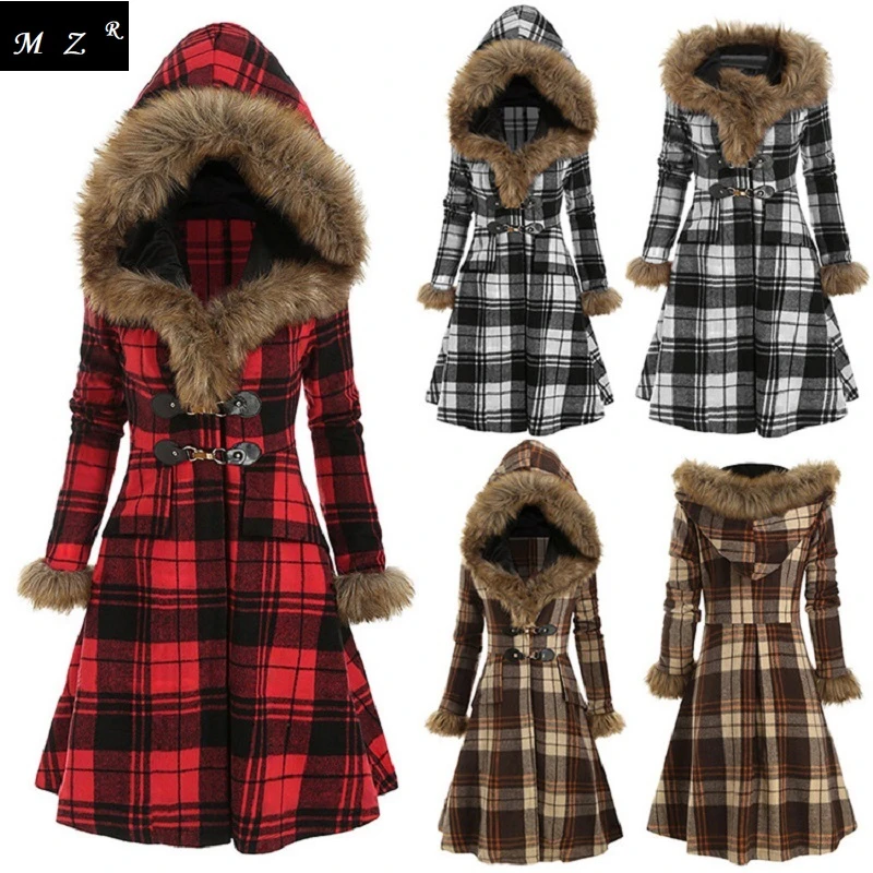Women's Autumn And Winter Plaid Long Padded Jacket Hooded Fur Alloy Buckle Slim Woolen Women's Jacket down coats & jackets