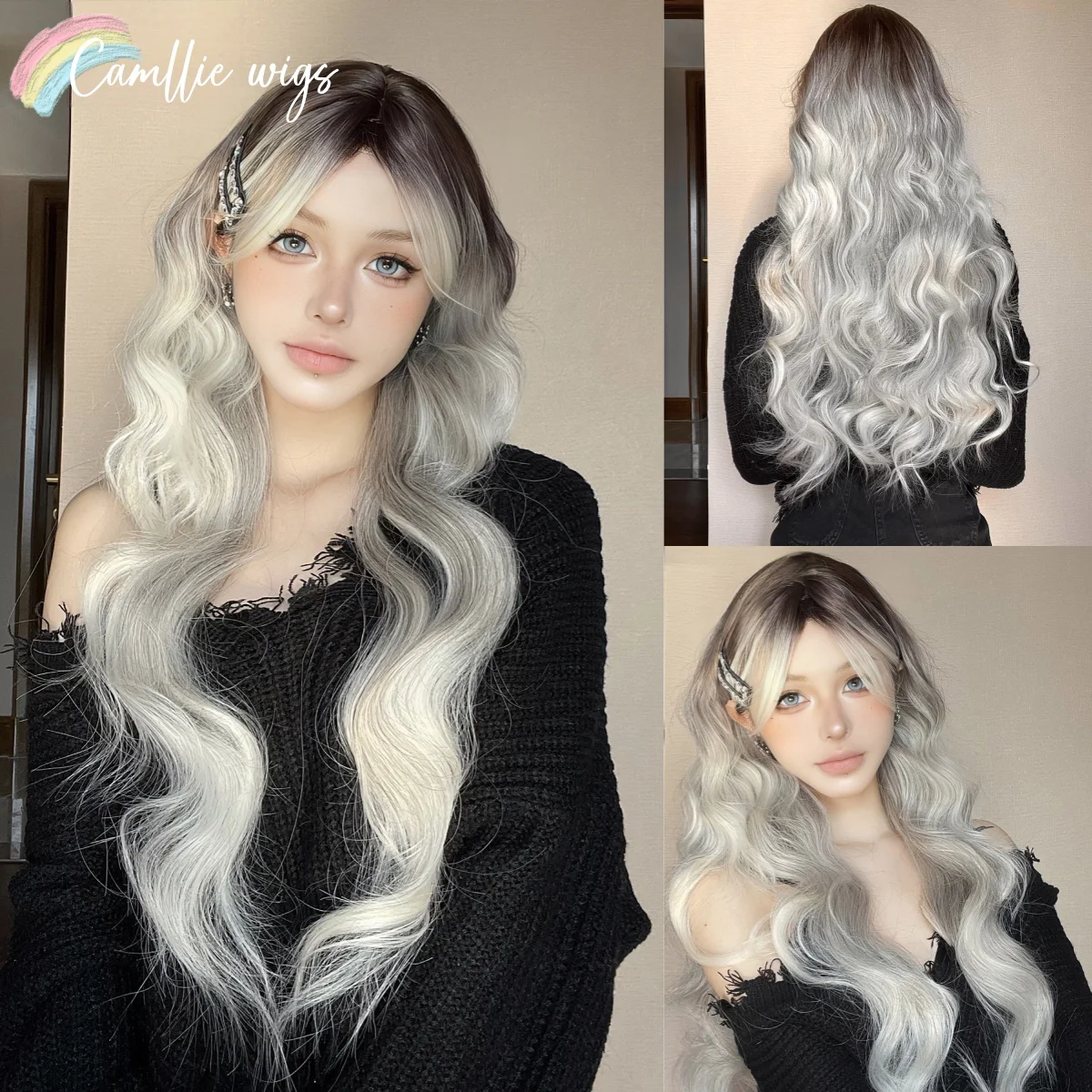 

Camllia Wigs for Women Black and White Long Wave Natural Wig with Bangs for Everyday and Parties Cosplay Curly Wig Synthetic