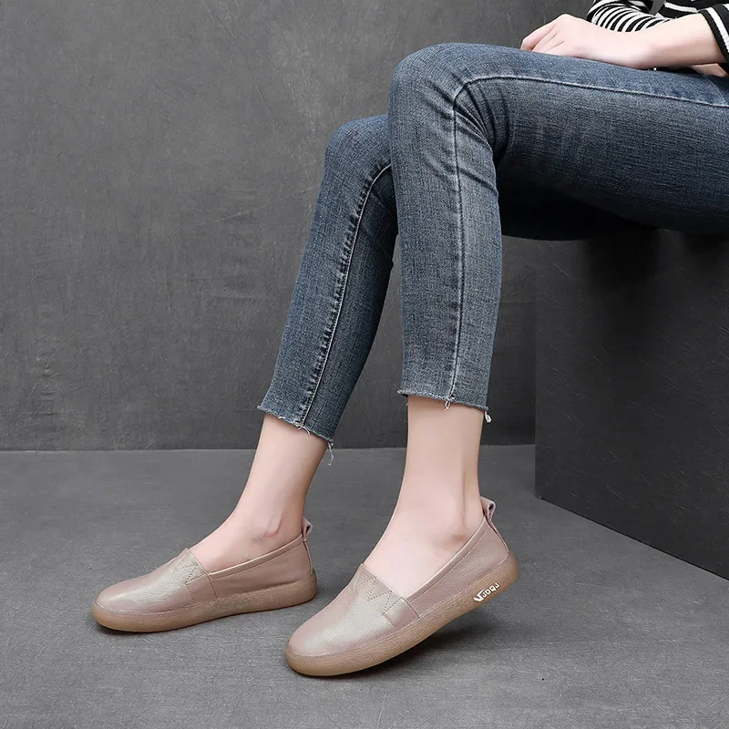 Spring Women Loafers Shallow Authentic Leather Casual Flat Shoes Women Boat Shoes Soft Genuine Leather Shoes White 4