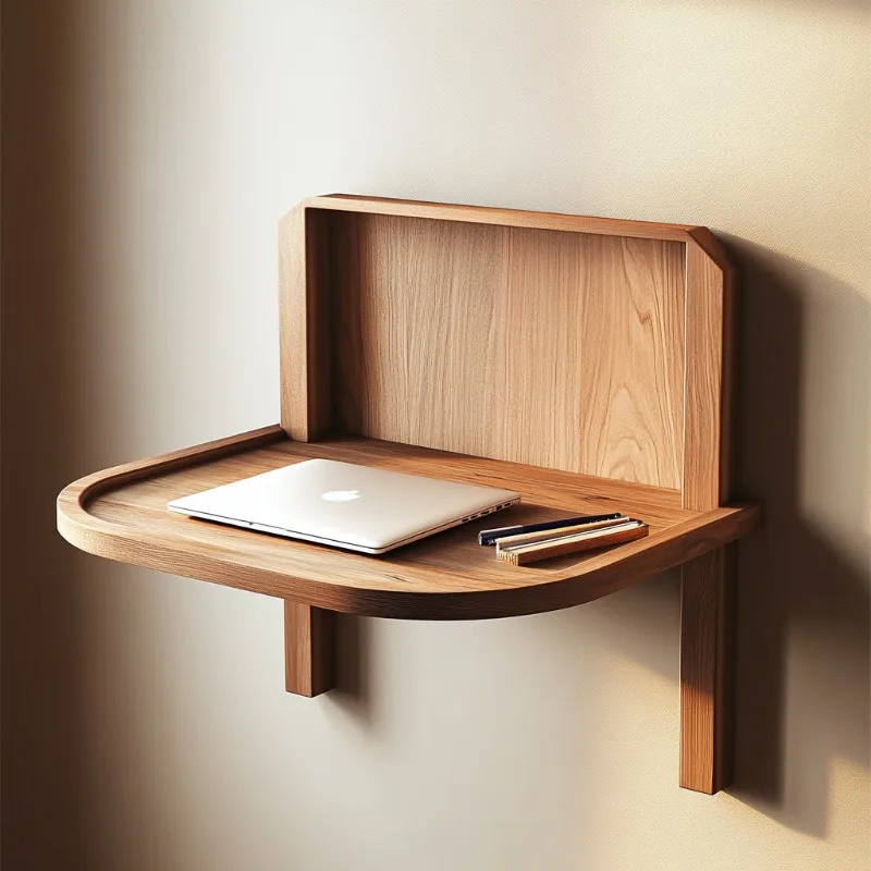Modern Floating Desk, Oak Wood Wall-Mounted Table with Single-Leg Design, Space-Saving Desk for Small Apartments and Offices