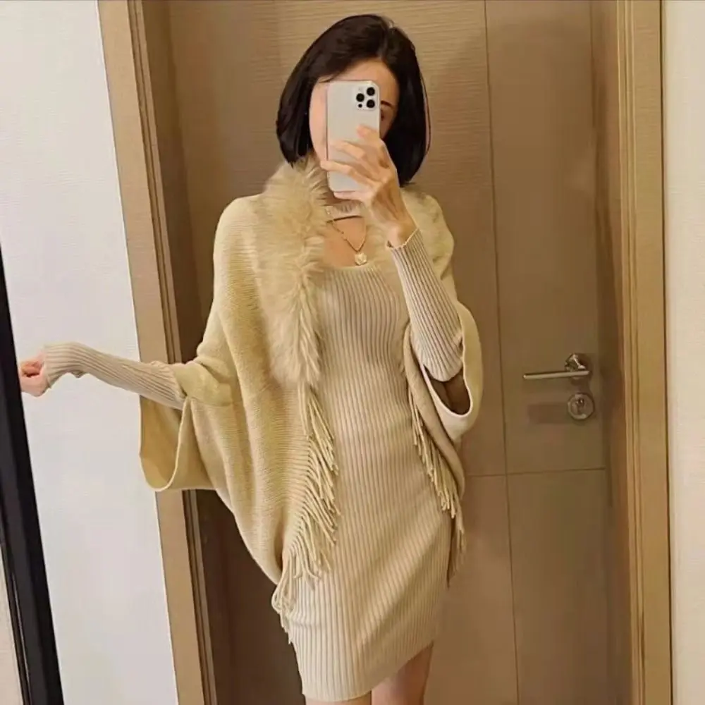 여성용 따뜻한 태슬 뜨게 숄, 두꺼운 가디건 망토, 인조 모피 칼라, 겨울