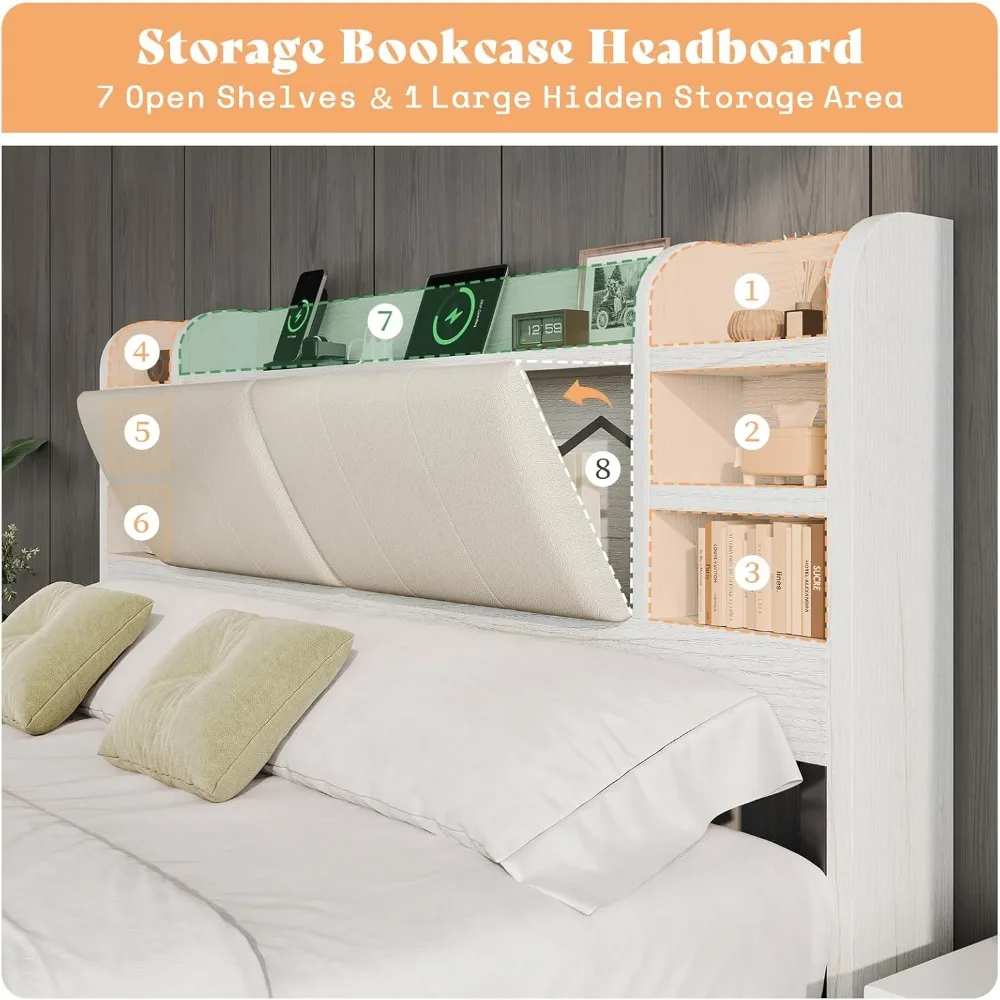 Extra Large Bed Frame with 4 Storage Drawers, Cushioned Bed Frame, 47.2 in Bookshelf Headboard, Charging Station 5