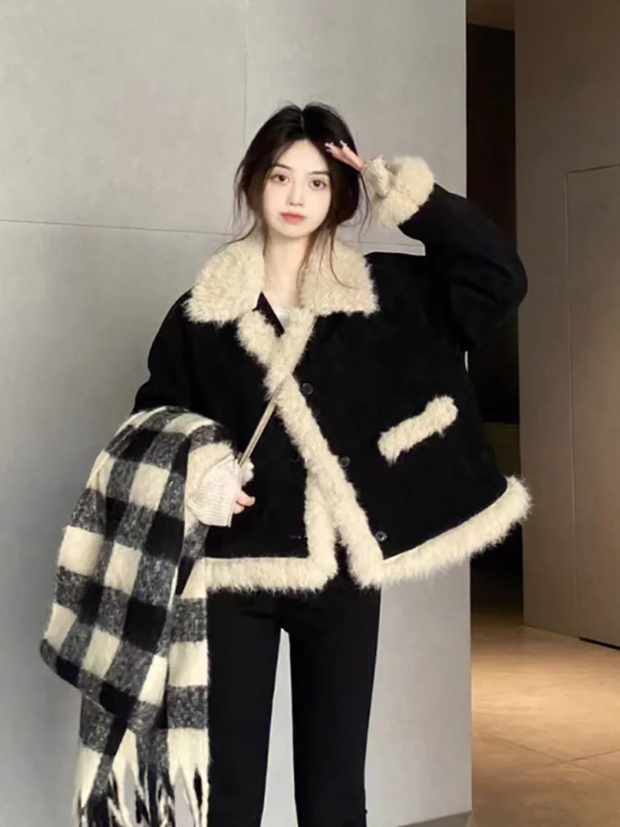 

Winter Korean Fashion Lambwool Jacket Warm Women Plus Velvet Coats Casual Plush Thicken Chaquetas Chic Fur Integrated Outerwears