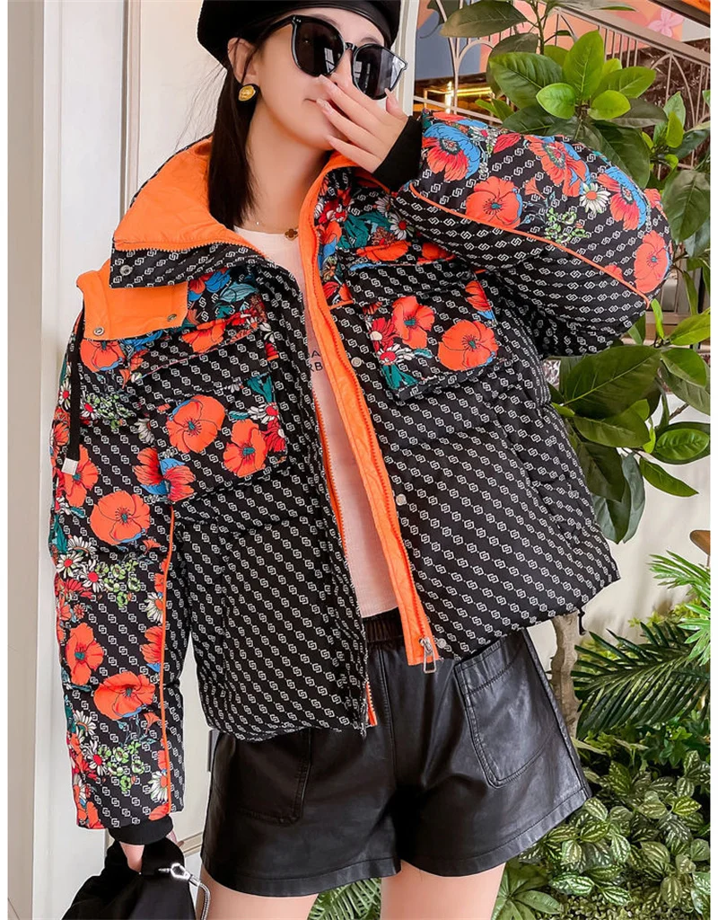 New Down Cotton-Padded Jacket Printed Hooded Thickened Loose Warm Padded Jacket Female Winter Flower Cotton-Padded Jacket