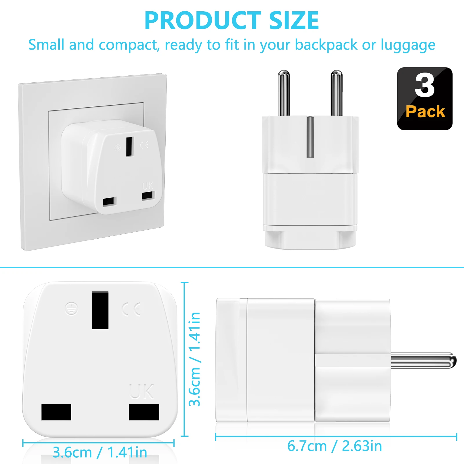 UK to EU Plug Adapter - European Travel AC Power Converter Set (3-Pack)