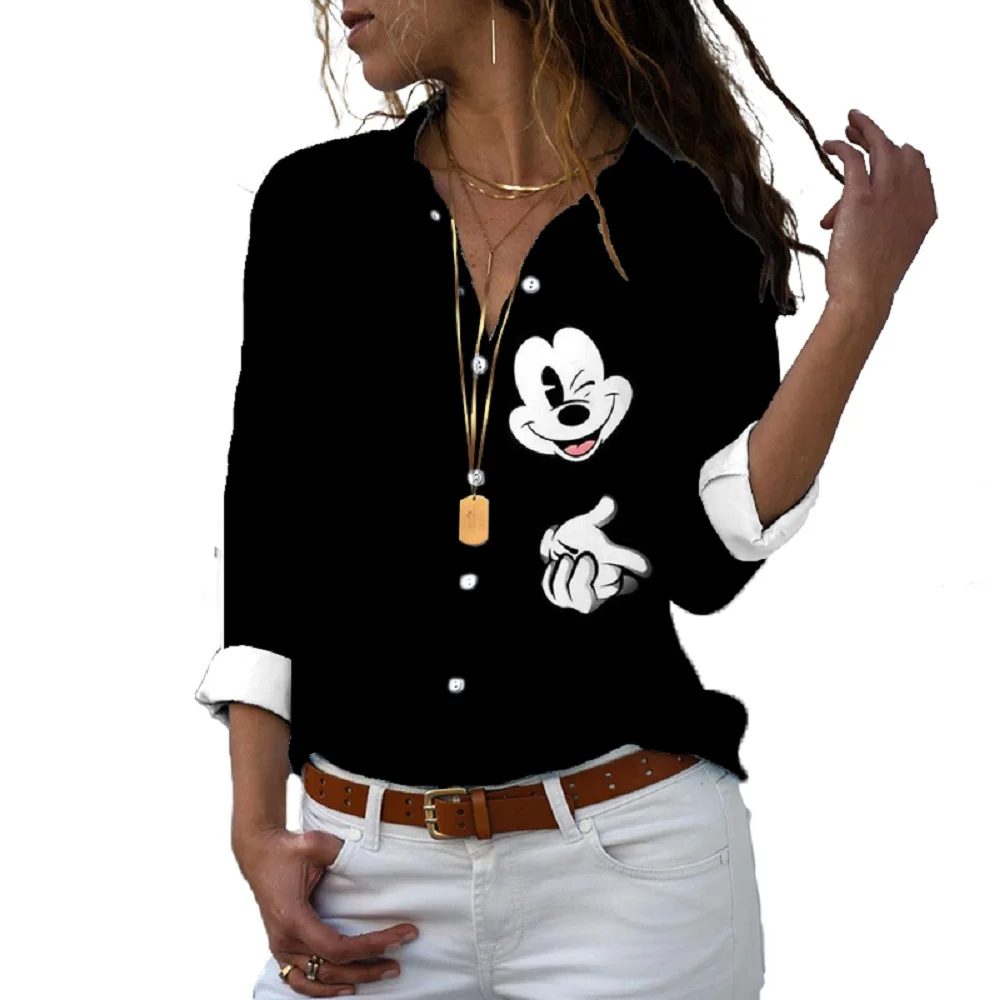 New 2024 Harajuku Slim Fit 3D Printed Women's Button Up Long Sleeve Lapel Mickey Minnie Casual Cute Shirt y2k