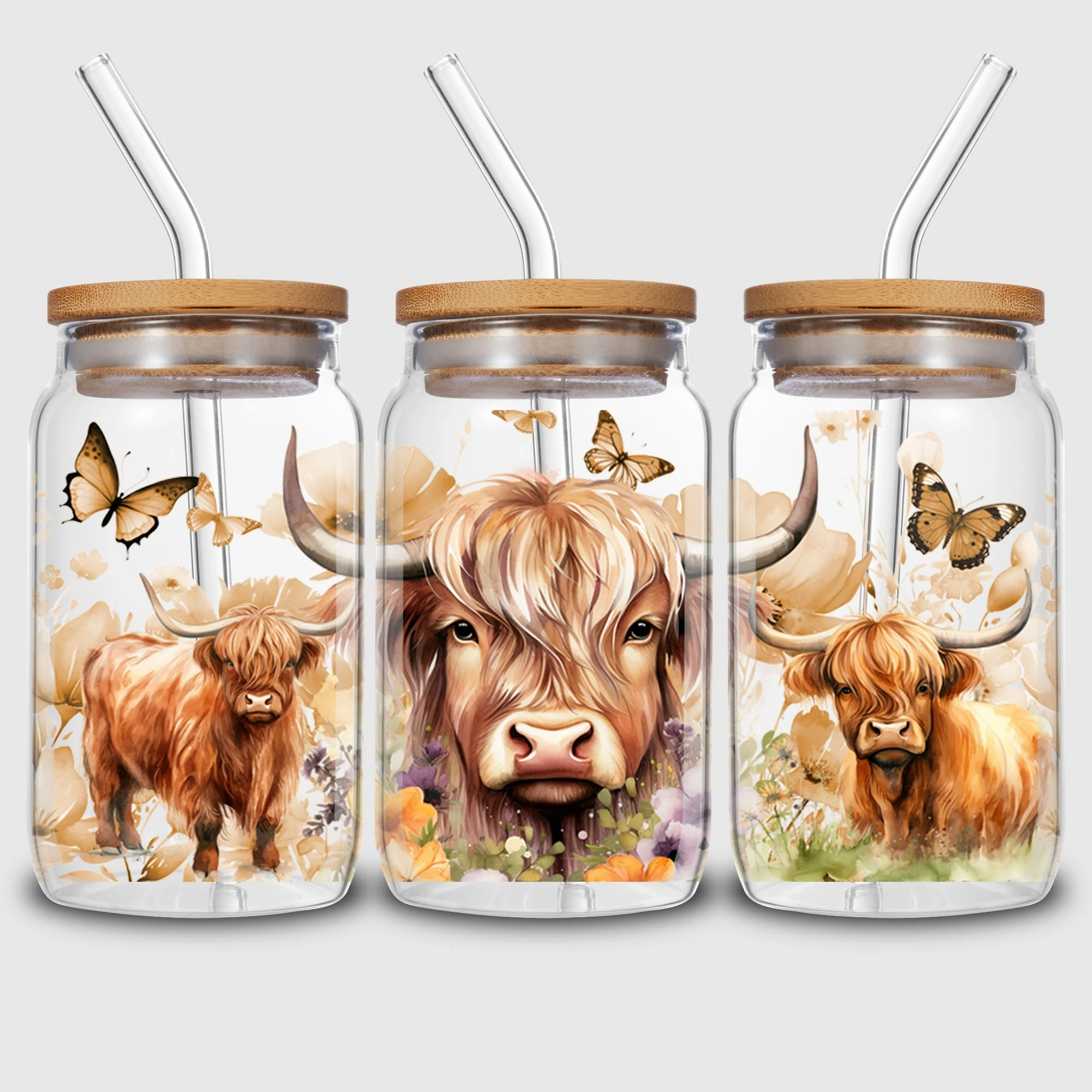 Highland Cow UV DTF Cup Stickers 5 Sheets DTF Transfer Stickers Waterproof Funny Cow Wipe-Off Transfer Paper for 16oz Glass