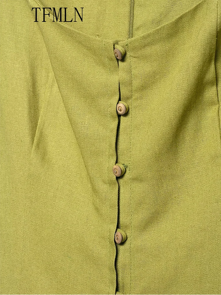 TFMLN Elegant Women Solid Long Dresses 2025 Summer Square Collar Single Breasted Causal Dress Fashion Slim A-line Dresses