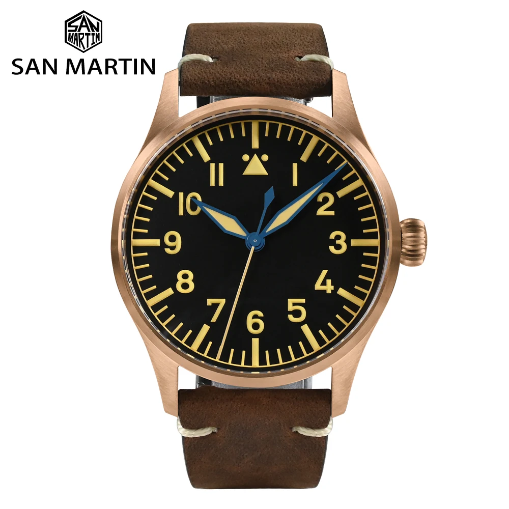 

San Martin 41mm Cusn8 Bronze Pilot Watch NH35 Automatic Mechanical Men Watches Military Simple Sapphire 10Bar Leather Relojes