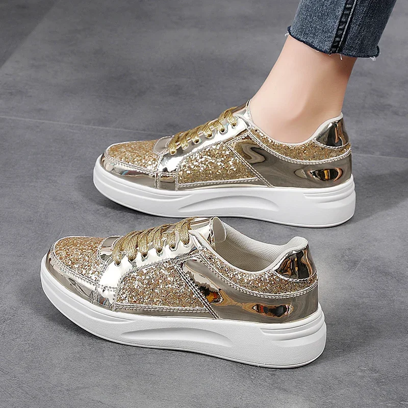 Over Size 35-43 Women Sport Sneakers Comfortable Flat Female Traveler Big Size 41 42 43 Walking Shoes Gold Athletic Trainers