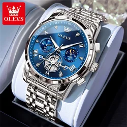 OLEVS Men's Moon Phase Quartz Watch - 30m Waterproof, Luminous Stainless Steel Wristwatch with Genuine Fashion Design, Box Set (Silver blue)