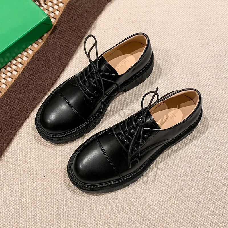 

Luxury Woman Shoe 2022 Spring Autumn Fashion Casual Lace-Up British Style Small Leather Shoes Leather Thick Heel Women's Loafers