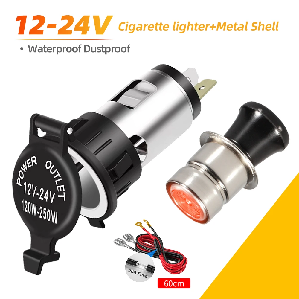 

120W-250W 12V-24V Waterproof Car Auto Motorcycle Cigarette Lighter Power Plug Socket For Motorcycles Boats Mowers Tractors Cars