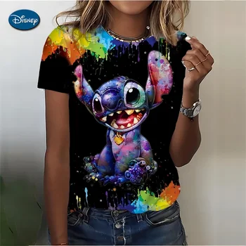 미키 마우스 스티치 프린트 티셔츠, 여성용 여름 티셔츠, 캐주얼 O넥, 오하나 스티치 디즈니 티셔츠