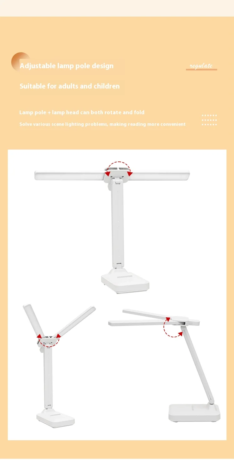LED double-head desk lamp, 3-level dimmable touch night light, USB rechargeable, eye-protection, foldable bedside reading desk