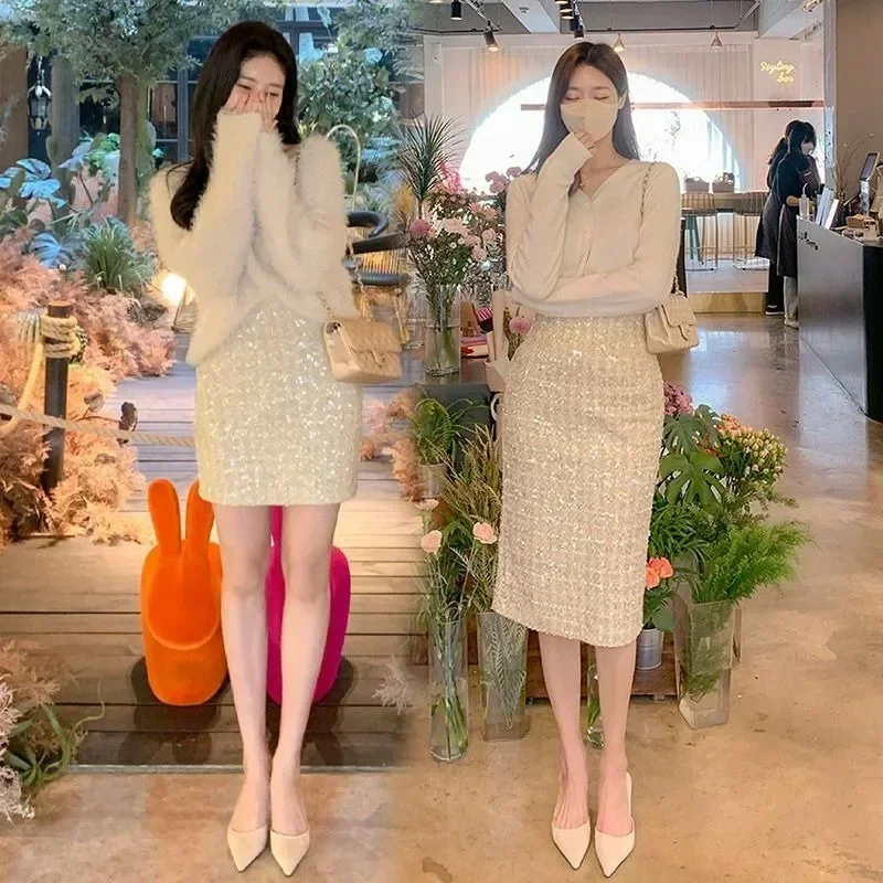 

Korean Coarse Tweed Sequin Wrap Hip Skirt Women Fashion Split Temperament High-end Slim Spring Autumn Plaid Party A-line Wear