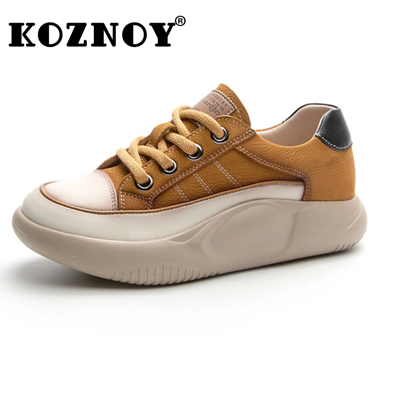 

Koznoy 4cm Platform Wedge All Matching Women Lace Up Genuine Leather Summer Breathable Loafer Casual Sneaker Mixed Color Shoes